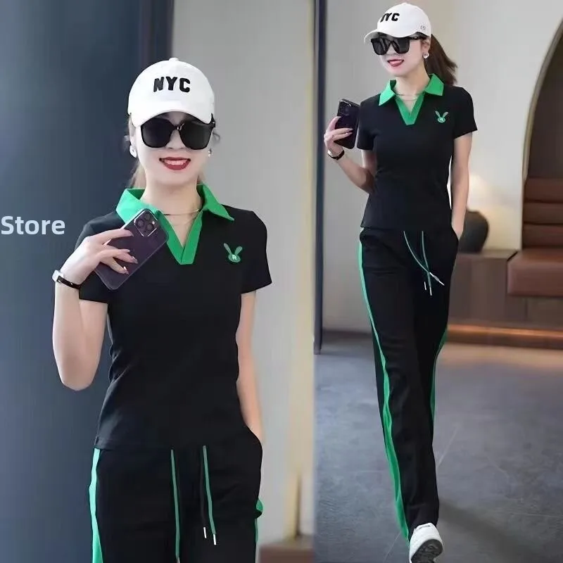 

Casual Sportswear Set Women's Short Sleeve Long Pants Two-Piece Suite Fashionable Slimming Summer Outfit European Style