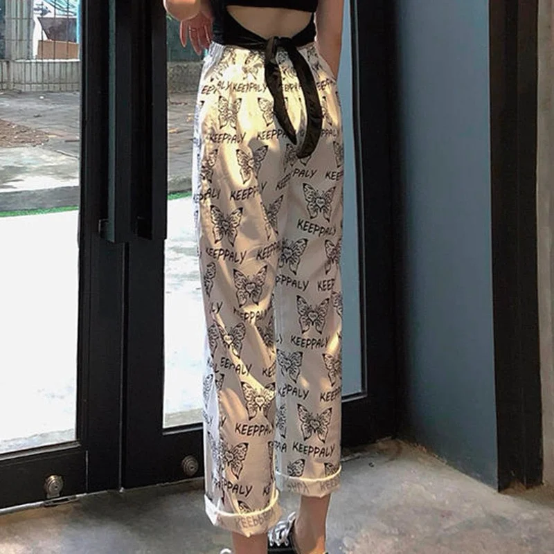 

New 2023 Summer Wild Fashion Y2k Butterfly Print Student High Waist Casual Loose Loose Thin Wide-leg Trousers Punk Streetwear