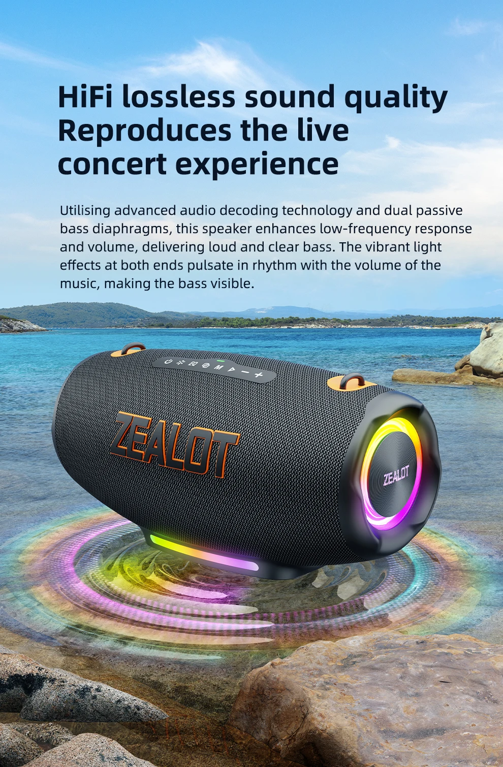 Zealot-S127 100W Tragbarer Subwoofer Bluetooth-Lautsprecher TF-Karte Outdoor-Stereo-Surround Wasserdichter Lautsprecher Kabellose Soundbox – Detail 5