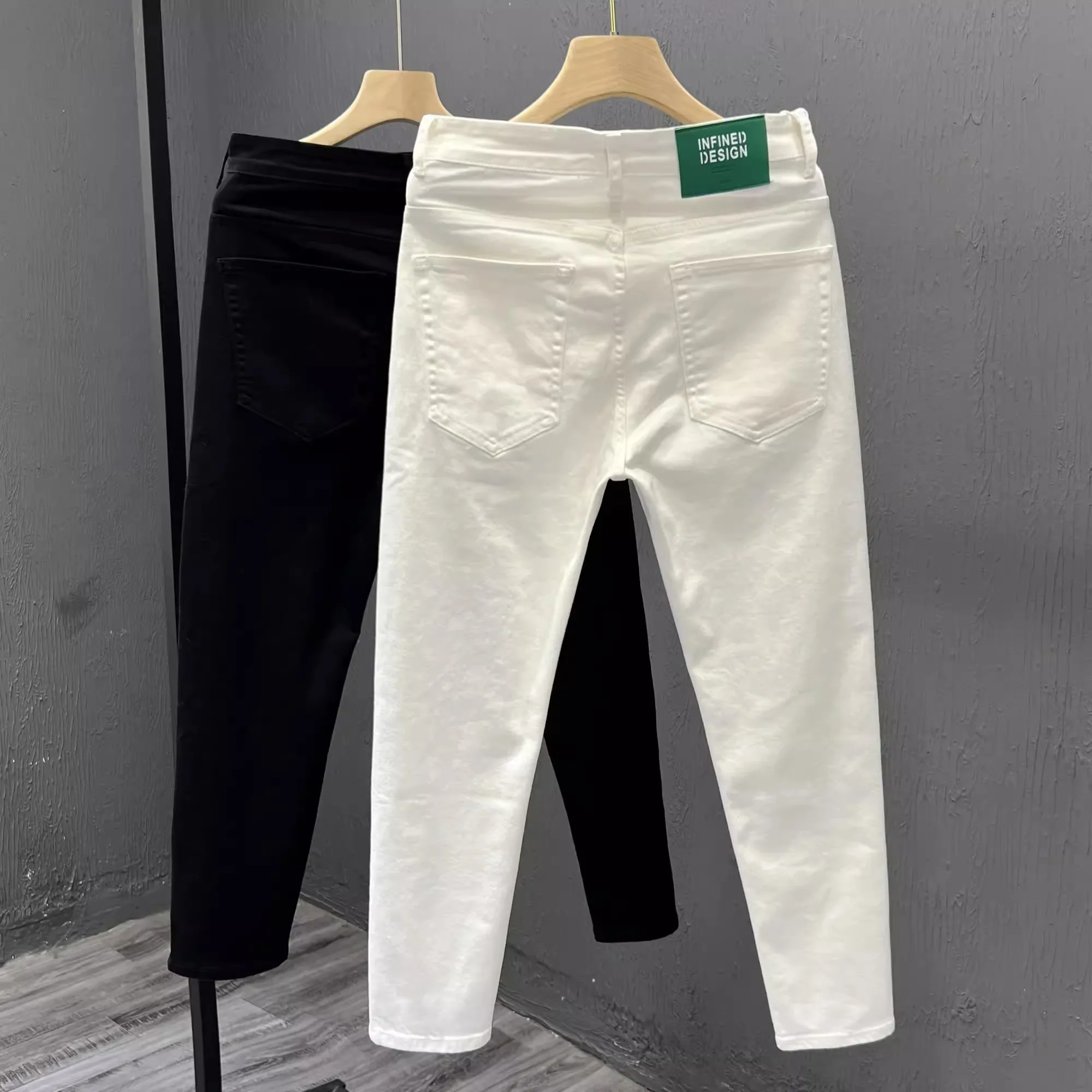 

Slim Fit White Denim Jeans Men's Trendy Casual Nine-Piece Pants Elastic Straight Leg Long Trousers Autumn Season Cotton Polye...