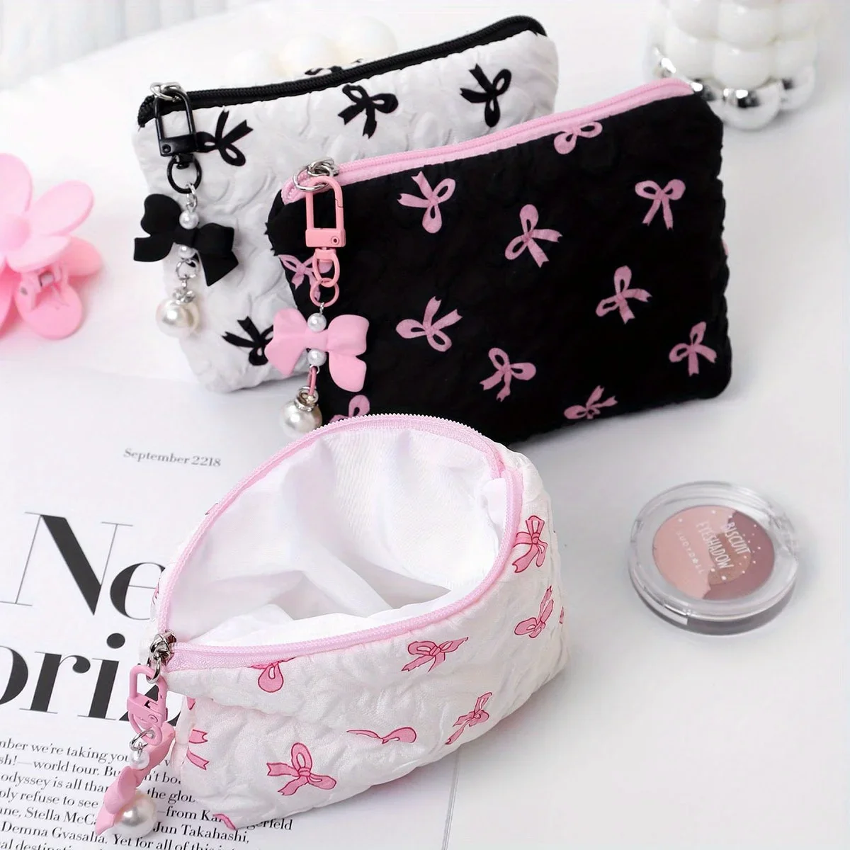 Embroidered Bow Makeup Bag, High Appearance Level, Coin Purse Storage Bag, Cute, Large Capacity, High-End Makeup Bag