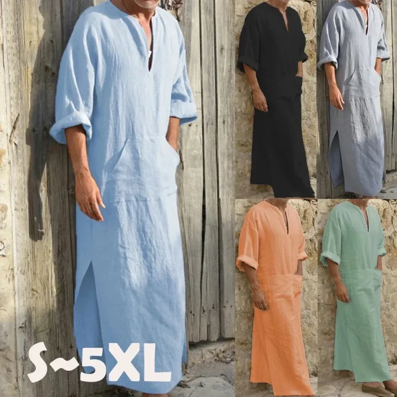 

Ew Spring and Summer Models Men Muslim Style Mens Robe Simple Solid All-match Small V-neck Linen Comfortable Short Sleeve Robe