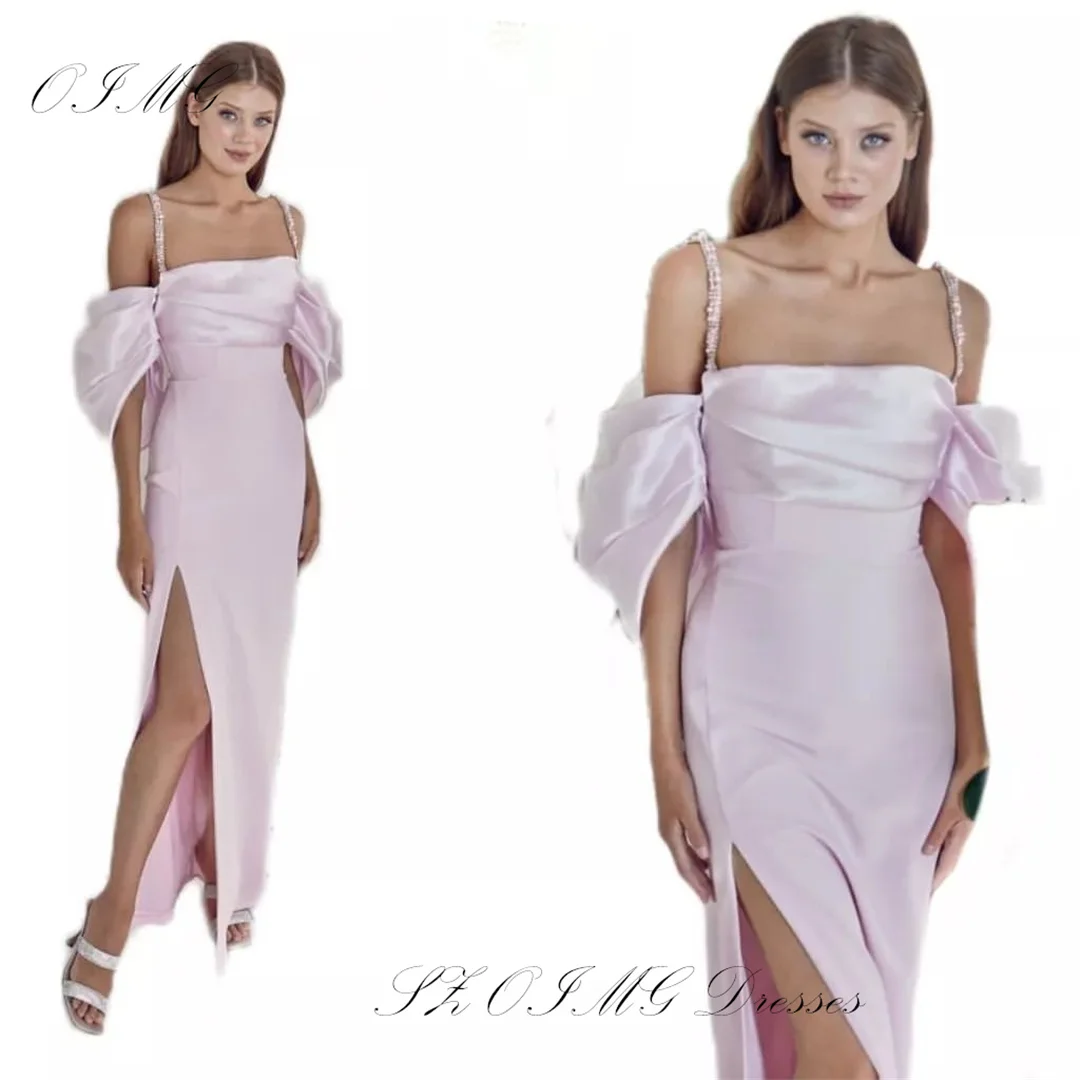 

OIMG Exquisite Spaghetti Straps High Slit Sleath Prom Dresses Beading Women Satin Evening Gowns Occasion Formal Party Dress