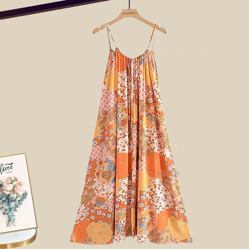 2025 ฤดูร้อนโบฮีเมียนพิมพ์ผ้าคลุมไหล่สลิงชุดชีฟอง 2 ชิ้นชุดผู้หญิงหลวม V คอเสื้อ Camisole ชุดชุด