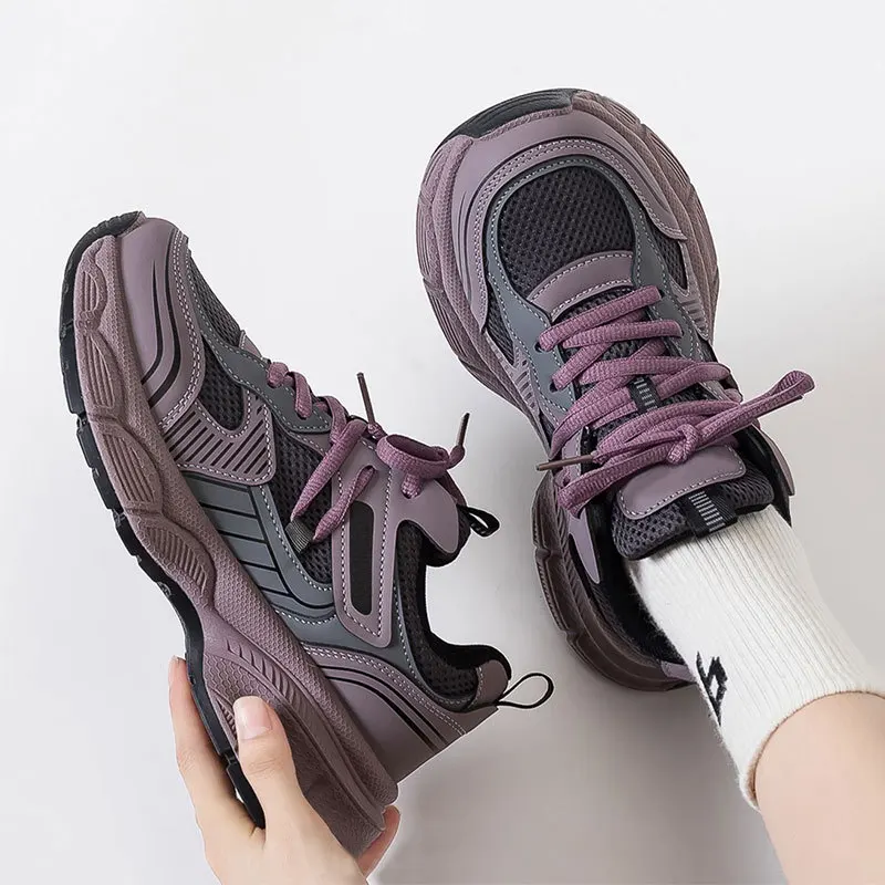 Women's Purple Mesh Chunky Sneakers 4cm Height Increase Casual Dad Shoes Lightweight Platform Sole All Season Ready Stock image 3