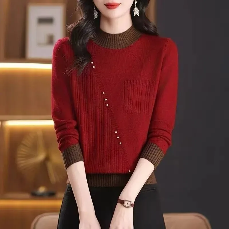 Moda ocidental cor combinando meia gola alta camisola espessada 2025 outono inverno novo topo solto camisola de malha