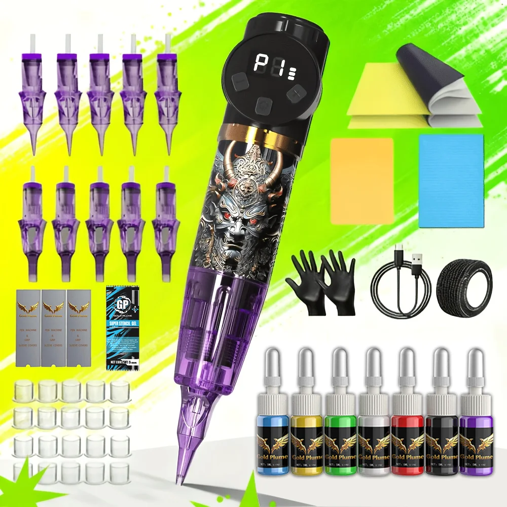 Wireless Rotary Tattoo Pen Machine Kit 1100Mah Integrated Power All in One Complete Tattoo Supplies Mixed Cartridge Needles Multicolor Tattoo Ink Practical Tattoo Tool Set for Beginners Professional Tattoo Practitioners