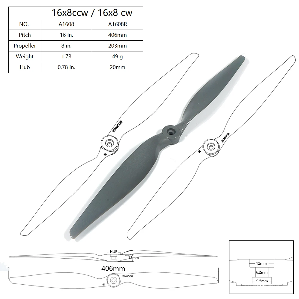 16inch 16x8 CW CCW Nylon fiberglass Direct-drive Propeller for electric power RC Airplane Quadcopter Multi-Rotor Racing Drone