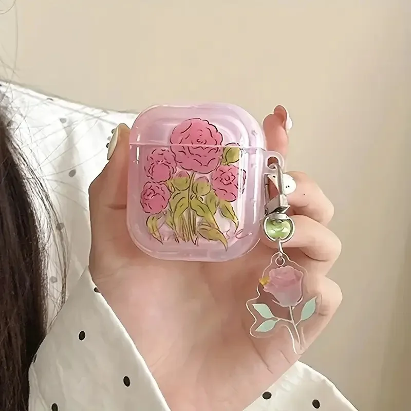 

Ins Pink Rose Flower Case For For Apple AirPods 4 1 2 3 Case For AirPods Pro 2 Cover with Pendent Headphone Earphone Box Cases