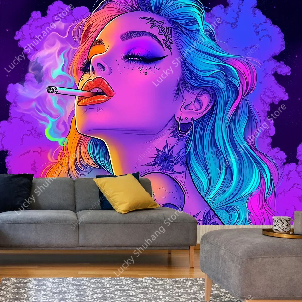 Vibrant Artistic Woman Tattoo Skull Smoke Tapestry Wall Art Modern Bohemian Home Decor Psychedelic Bedroom Studio Aesthetic