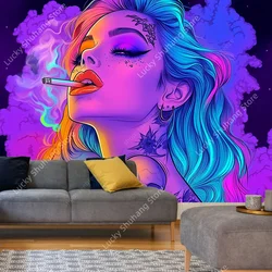 Vibrant Artistic Woman Tattoo Skull Smoke Tapestry Wall Art Modern Bohemian Home Decor Psychedelic Bedroom Studio Aesthetic