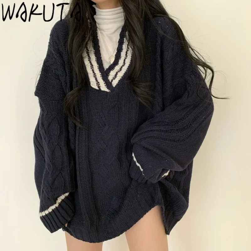 WAKUTA Korean 2024 Women Sweater Oversized V Neck Puff Long Sleeve Pullovers Autumn Winter Vintage Thicken Knitted Tops Elegant