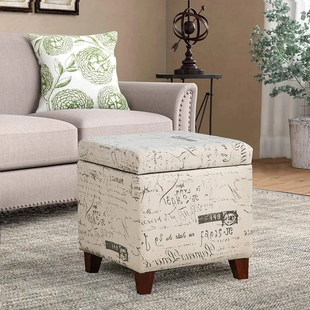 

17.3” Modern Design Script Fabric Square Storage Ottoman with Hinge Hidden Top,Foot Rest Stool for Living Room (White)