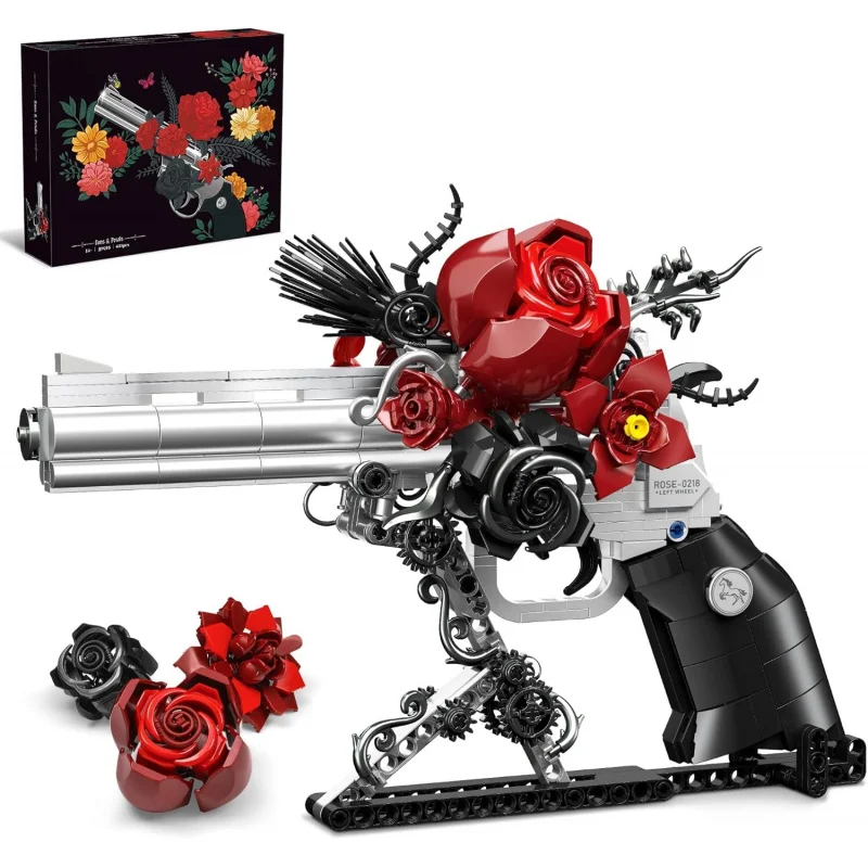 

Red rose revolver building block pistol building block toy, Gothic home office decoration ornament