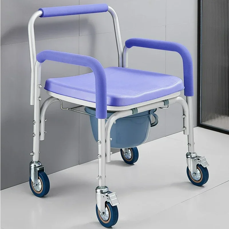 

Mobile Toilet Chair with Wheels for Elderly, Foldable Portable Armrest Bath Chair, Aluminum Alloy, Easy Clean, Rolling Commode