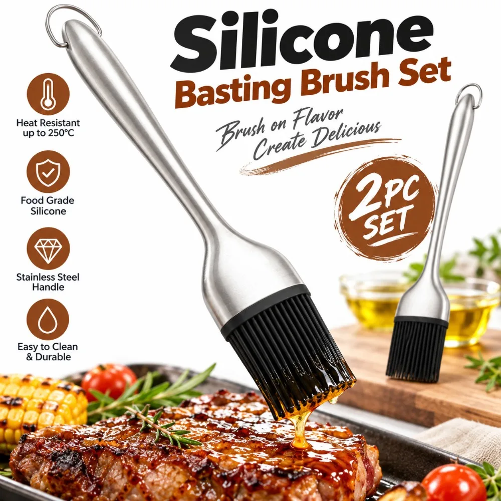 2PCS Heat Resistant Silicone Basting Brush Detachable Brush Head Stainless Steel Silicone Oil Brush Hanging Loop Hollow Handle