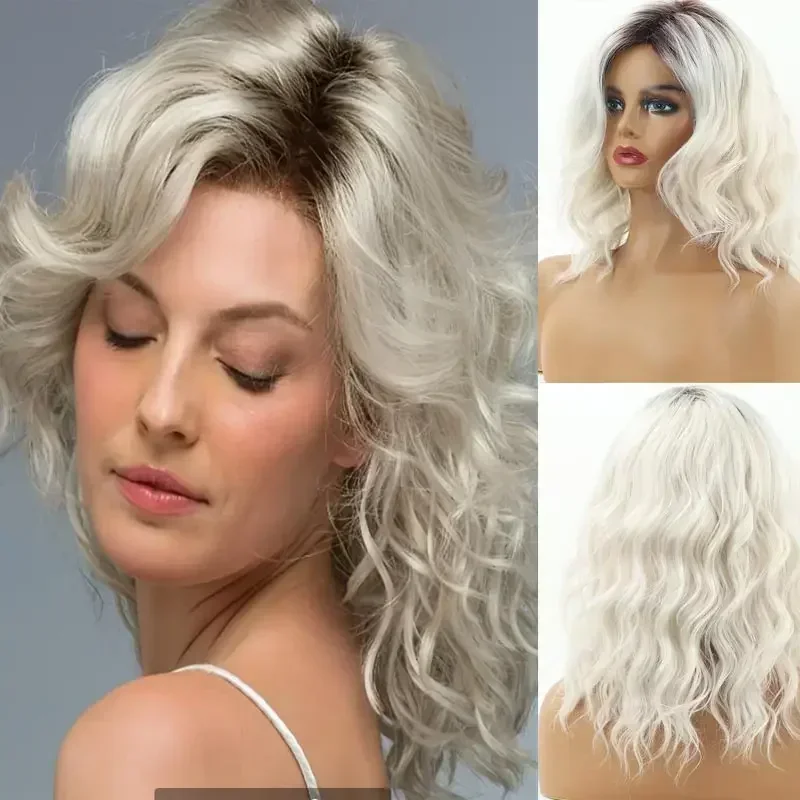 

Women's Fashion Wigs Short Grey Curly Synthetic Hair Wig Silver White Ombre Dark Roots Natural Loose Wave Mommy Daily Party Wig