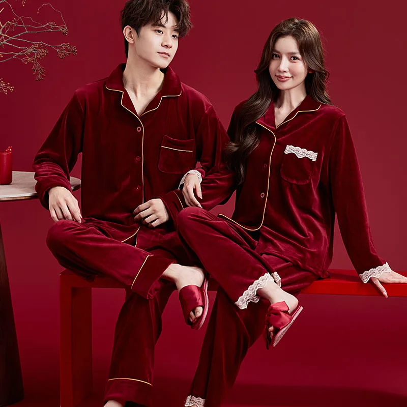 

Couple Gold Velvet Sleepwear Wedding Pajamas Set Nightwear Home Clothes Casual Velour Loungewear Pijamas Suit Pyjama