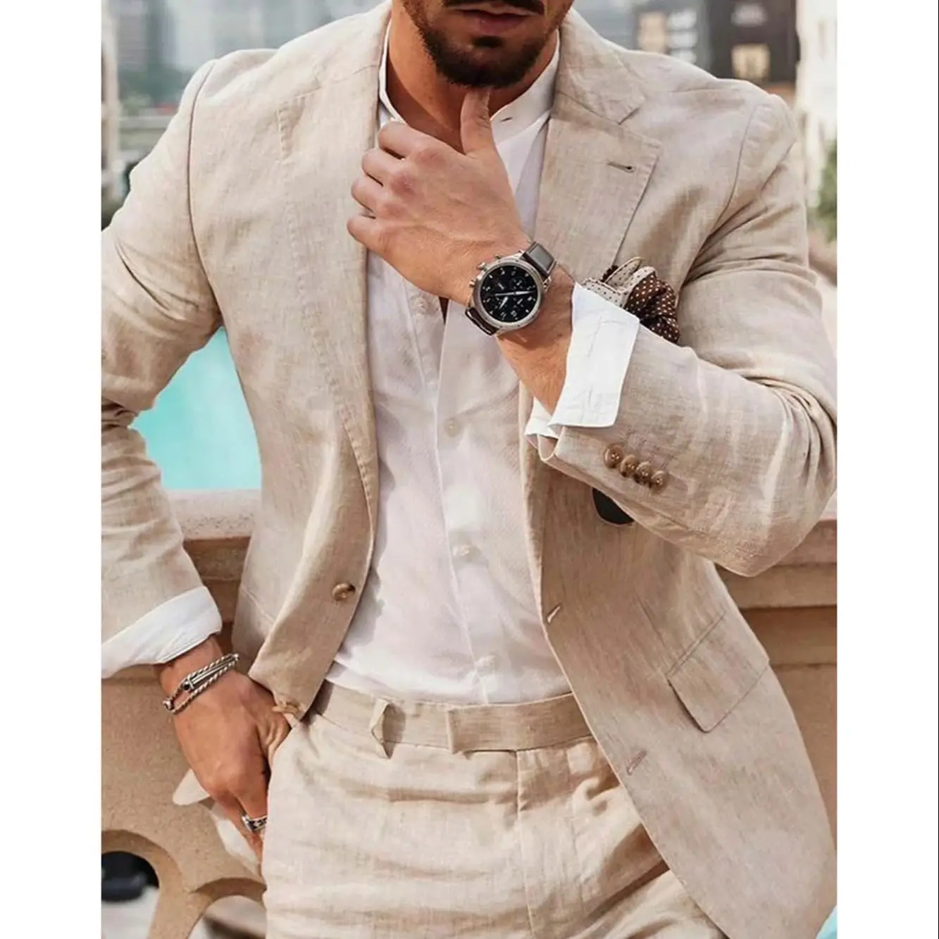 Trajes de lino para hombre, trajes de 2 piezas de verano para hombre, trajes de negocios casuales de un solo pecho para padrinos de Boda (Blazer +