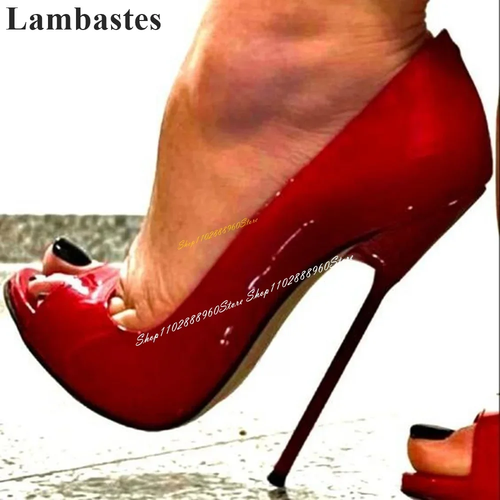 รองเท้าส้นสูงแบบสวมเปิดนิ้วเท้า ส้นเข็ม สีแดงเงา หนัง  ขนาด 16 ซม. 18 ซม. สำหรับผู้หญิง เหมาะสำหรับงานเลี้ยง