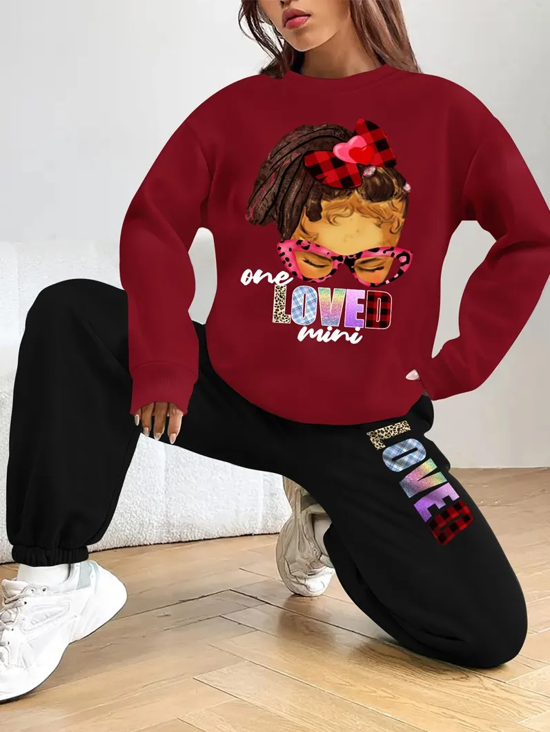 

Trend little girl English letters street hip hop print casual loose comfortable women's crewneck hoodie pants two-piece set