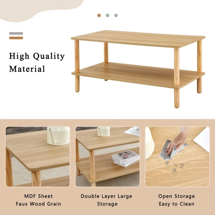 طاولة قهوة حديثة من طبقتين لأثاث غرفة المعيشة طاولة مركزية مستطيلة مع رف تخزين مفتوح وأرجل خشبية مطاطية مستديرة S #6