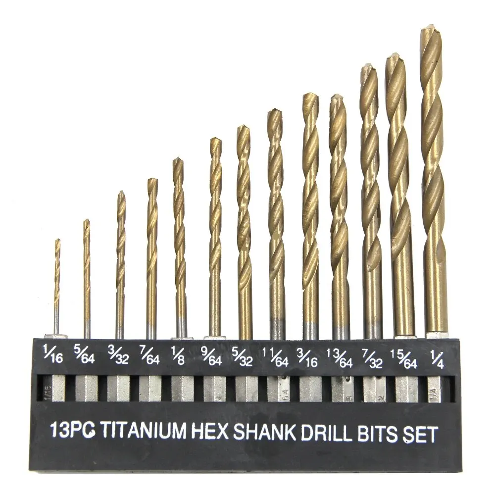 13pc British System Hexagonal Handle Titanium Plated Twist Drill 1/16-1/4 Electric Drill Screwdriver Drilling Tool Set