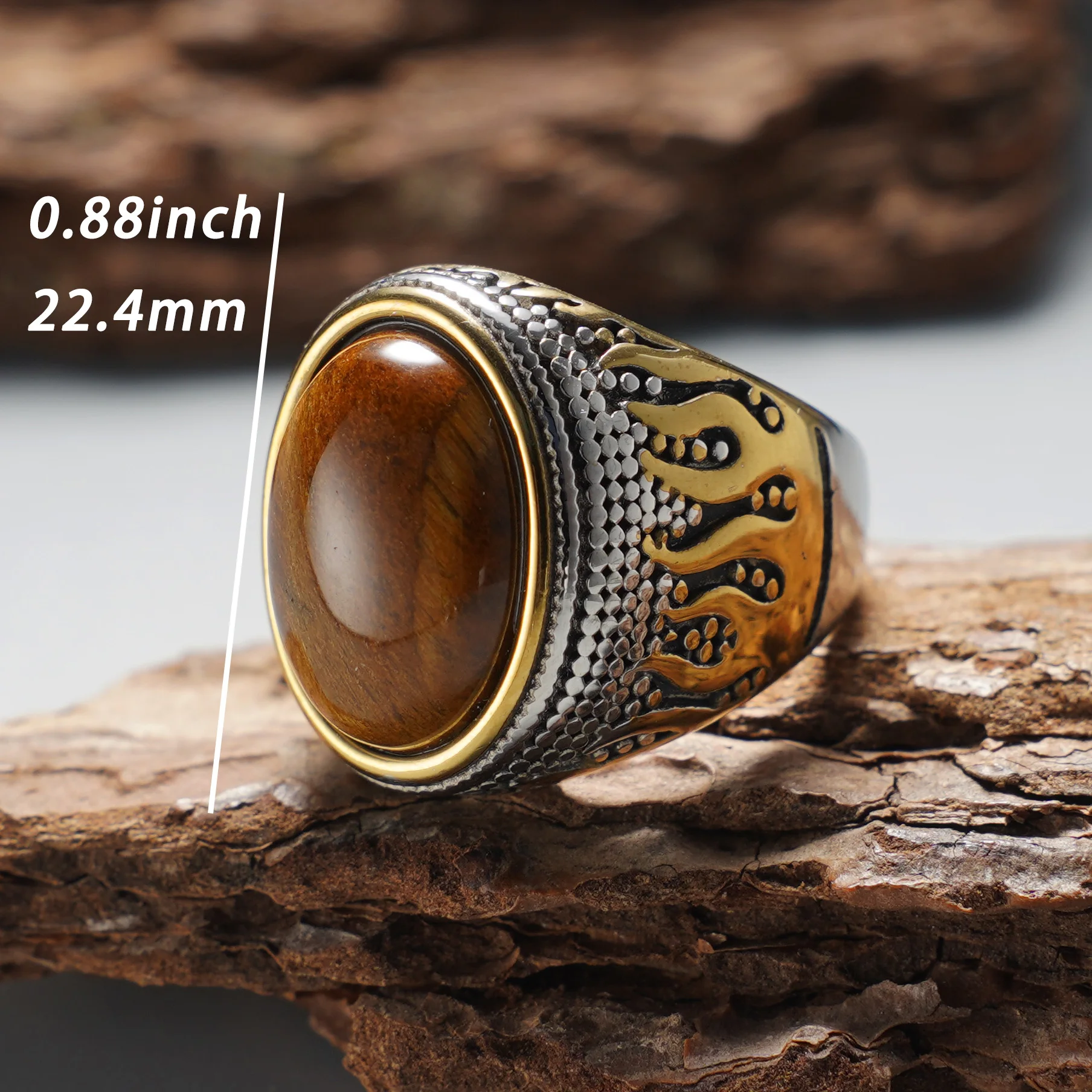 Herren Vintage 316L Edelstahl Zweifarbiger Ring, Eingelegt mit Tigerauge, Temp-Stein, Rotem Achat und Schwarzem Achat, für Tägliches Tragen und als Geschenk – Detail 2
