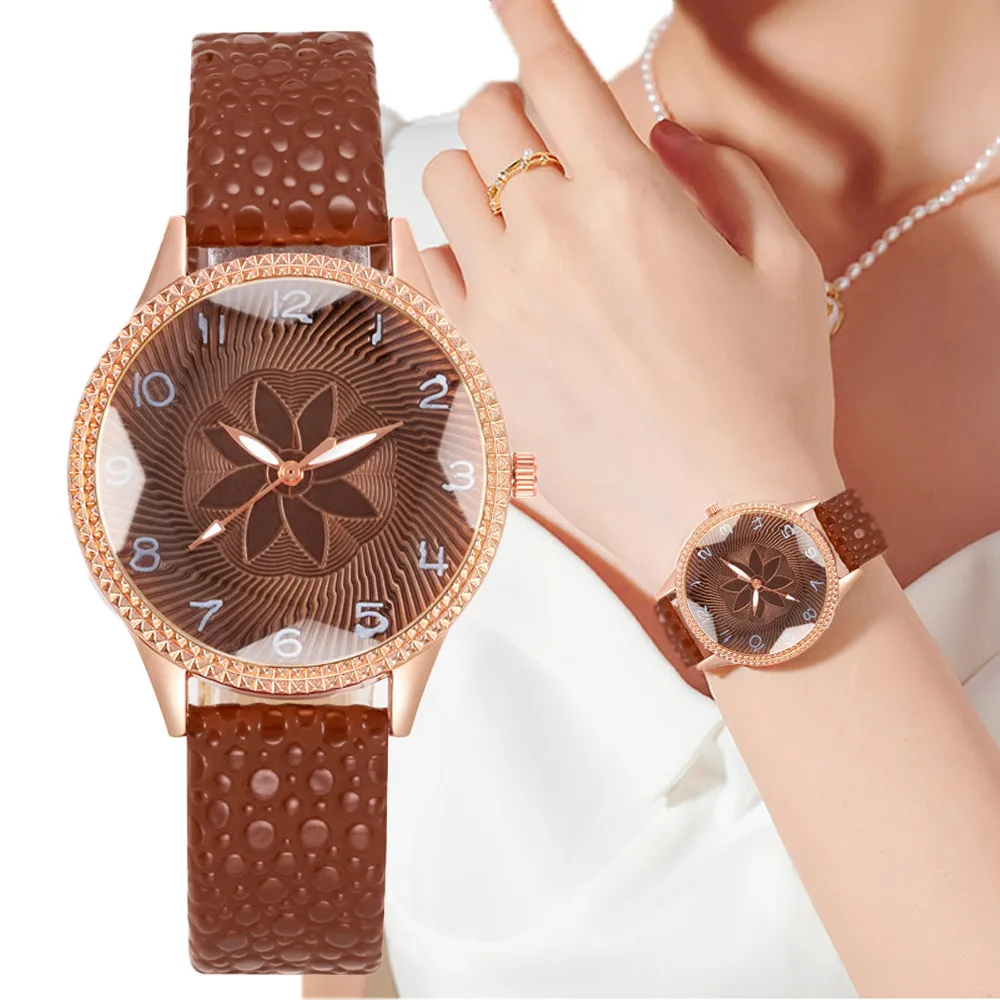 Women 2023 New Simple Brand Retro Flowers Pointer Design Quartz Watches Fashion Brown Leather Lady Gift Clock Wristwatches