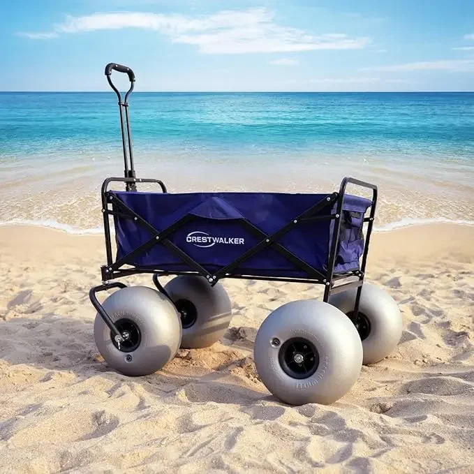 Beach Wagon with 13'' Balloon Wheels, Collapsible Cart with Big Wheels for Sand (Pump Included)