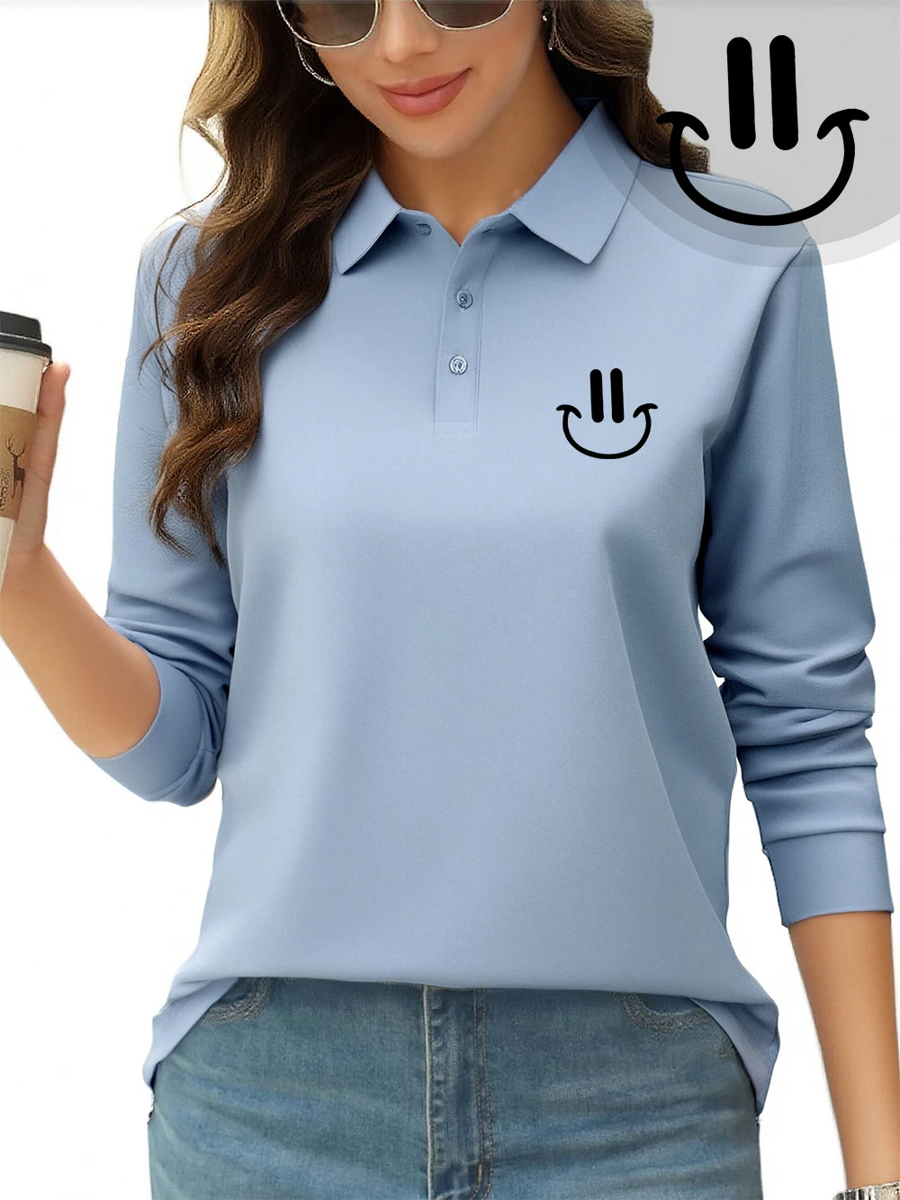 

Милая рубашка-поло с принтом улыбающегося лица, женские футболки с длинными рукавами для поездок на работу, всесезонные дышащие топы с лацканами, спортивная женская одежда