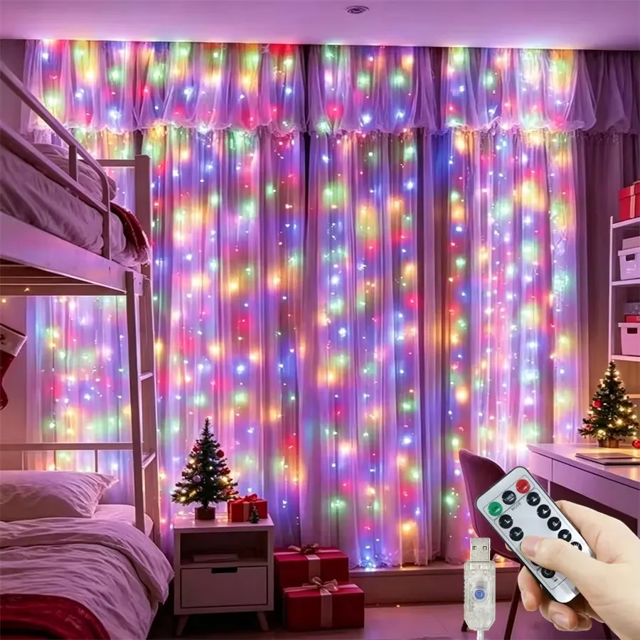 Remote Control LED Curtain Light USB Garland Fairy String Light for Christmas Wedding Party Holiday New Year 2027 Decoration