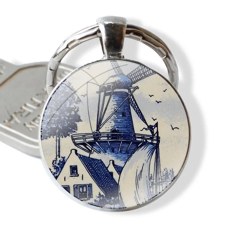 Dutch Blue Delft Vintage Sailboat Windmills Keychain Handmade Glass Cabochon Key Ring Holder Pendant Key Chains