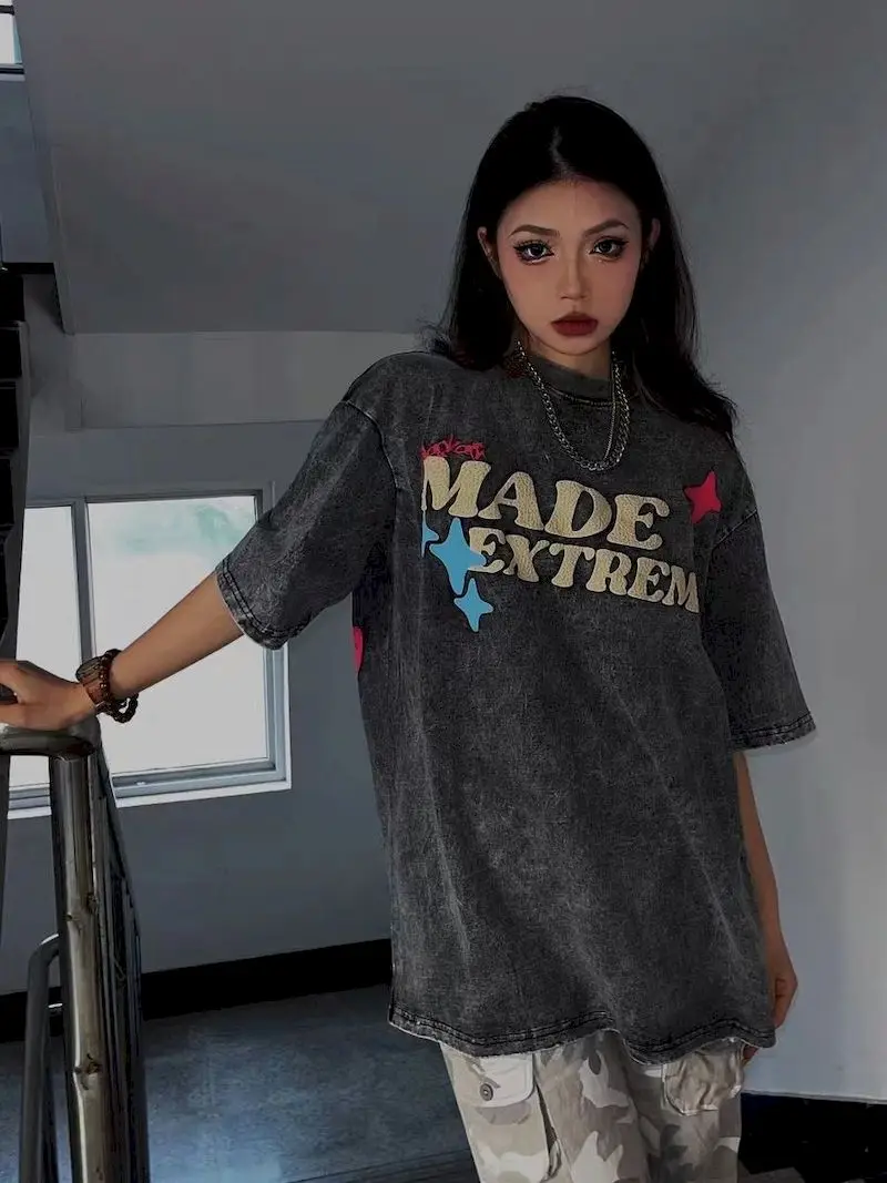 

Футболки оверсайз для женщин и мужчин, с эффектом потертости, с креативным принтом черепа, унисекс, с коротким рукавом, уличная мода, летние свободные топы