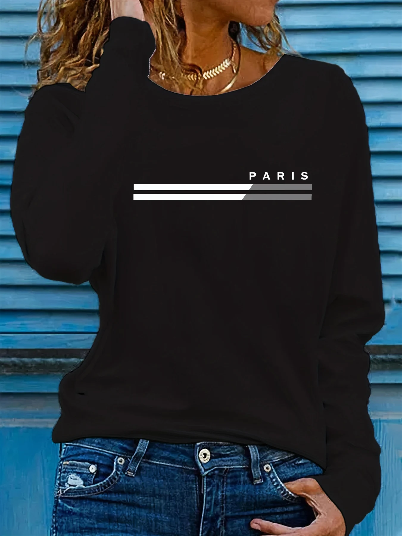 تي شيرت نسائي من القطن الخالص 100% للربيع والخريف مريح غير رسمي بأكمام طويلة مطبوع عليه حروف باريس برقبة دائرية