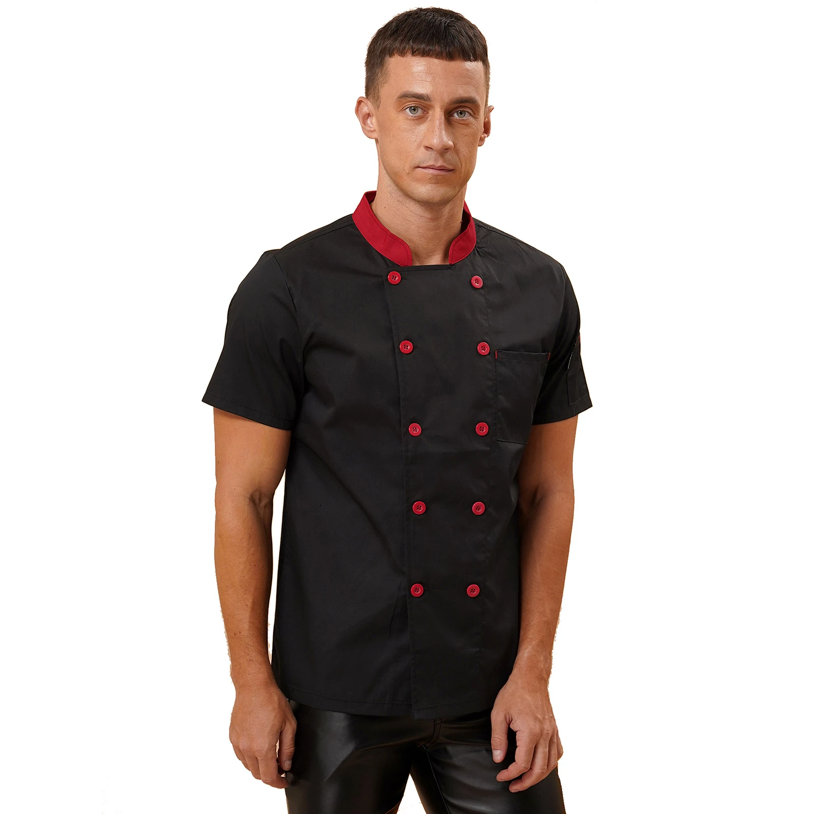 Mens Womens Chef Jacket Short Sleeve Double-Breasted Cooking Coat Kitchen Restaurant Uniform Tops with Pockets for Food Service