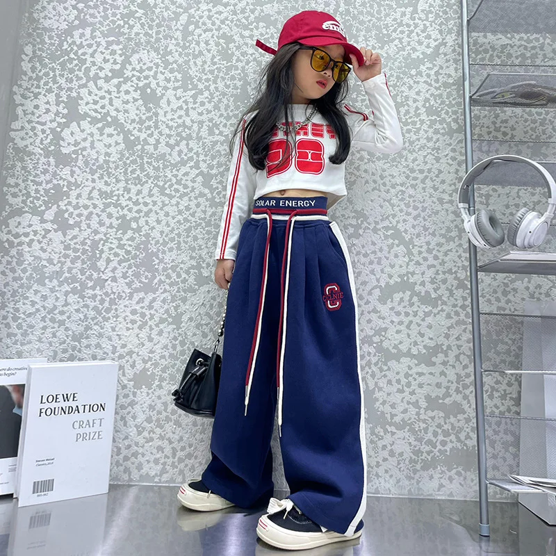 New Teenage Girls Pants Spring Autumn Casual Loose Black Gray Kids Wide Leg Pants School Children Trousers 4 6 8 10 12 14Yrs