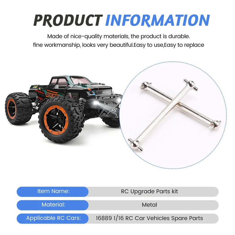 TNKIG-2PCS Metalowy tylny wał napędowy Akcesoria do zdalnie sterowanych samochodów HBX 16889 1/16 RC Części zamienne do pojazdów samochodowych