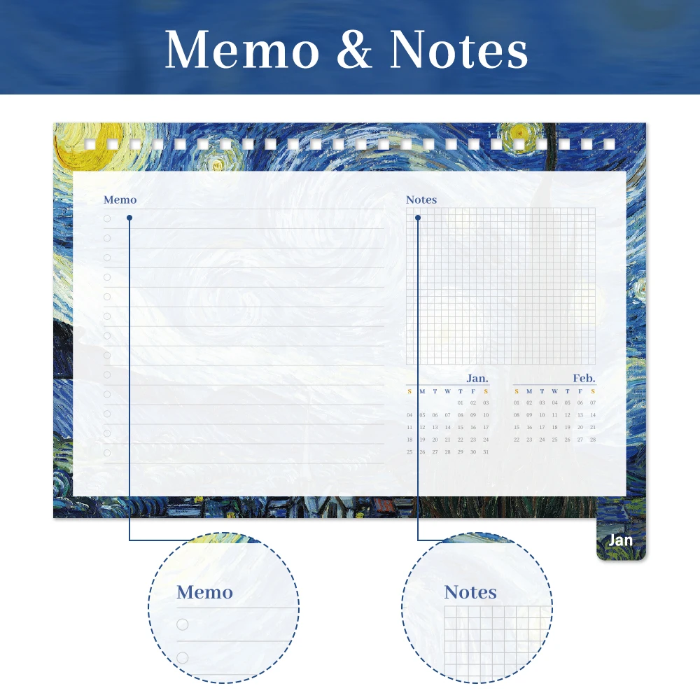 2026 Vintage Desk Calendar Painting Design With Monthly Sticker Index Daily/Weekly/Monthly Planner For Home Office School