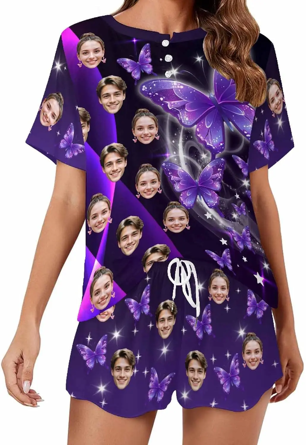 Aangepaste korte pyjamaset met foto, gepersonaliseerde loungeset voor dames, nachtkleding met grappig gezicht, zacht trainingspakcadeau