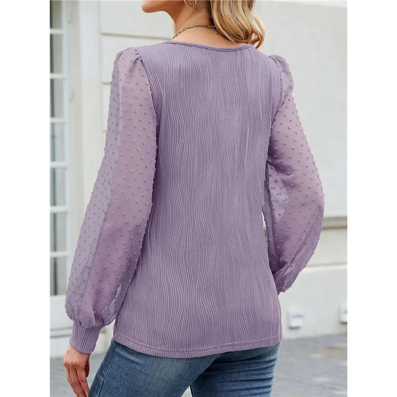 

CGS-Fall Long Sleeve Shirts For Women Blouses Dressy Casual Crew Neck Puff Sleeve Tops Textured Knit T Shirts