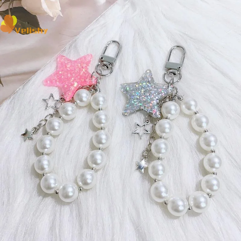 Kawaii الكرتون ستار سلسلة هواتف محمولة اللؤلؤ مطرز المفاتيح حقيبة أنيقة سحر الأزياء قلادة المفاتيح ظهره الديكور الهدايا