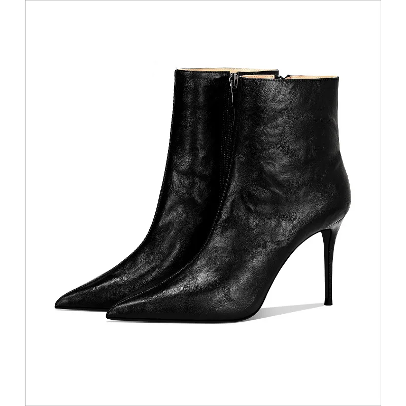 

2025 New Black Wrinkle High Heel Boots Women Pointed Toe Thin Heel Side Zipper Leather Boots