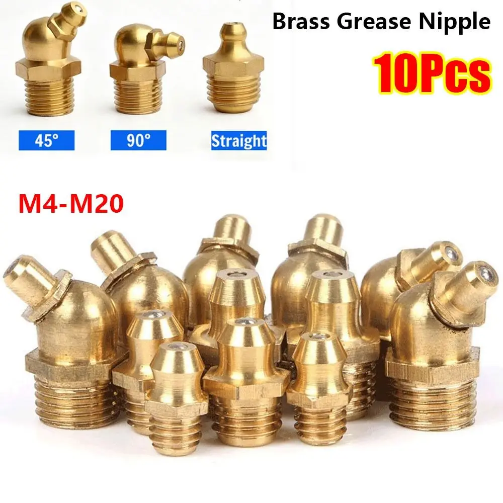 10Pcs M4-M20 Brass Grease Nipple Straight 45 Degree 90 Degree Brass Grease Zerk Nipple Thread Fitting Flat Smooth Mouth