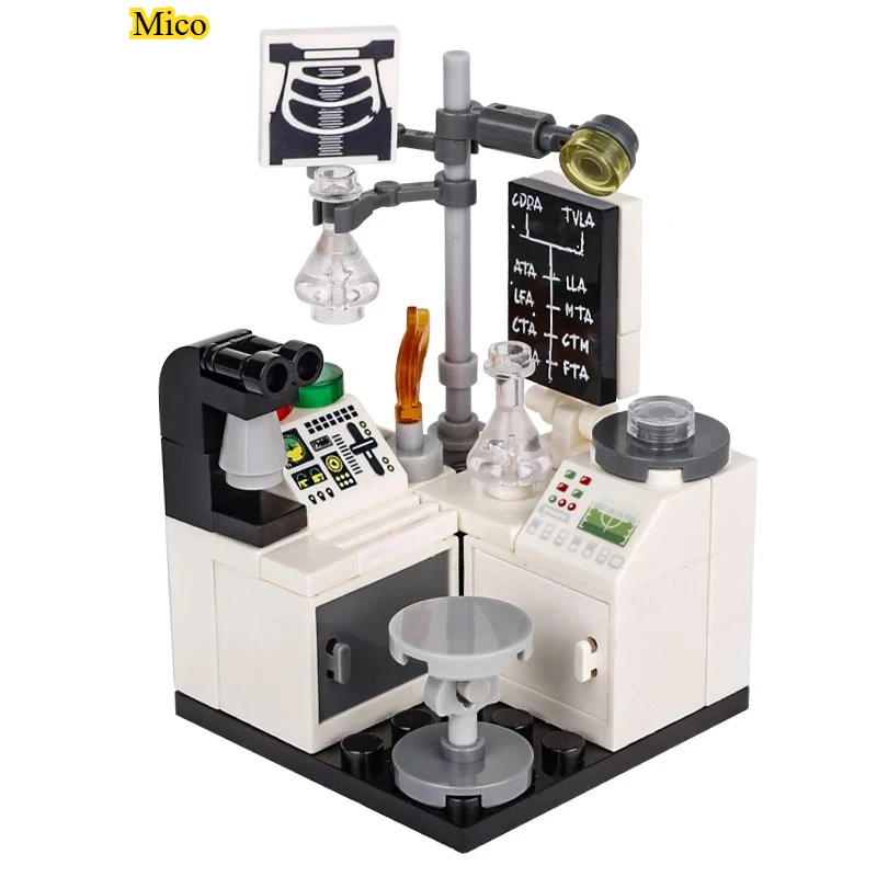 

City Lab Desktop Ornament, Mini Hospital Operation Workbench Model with Microscope and Beaker, Tabletop Art Decor