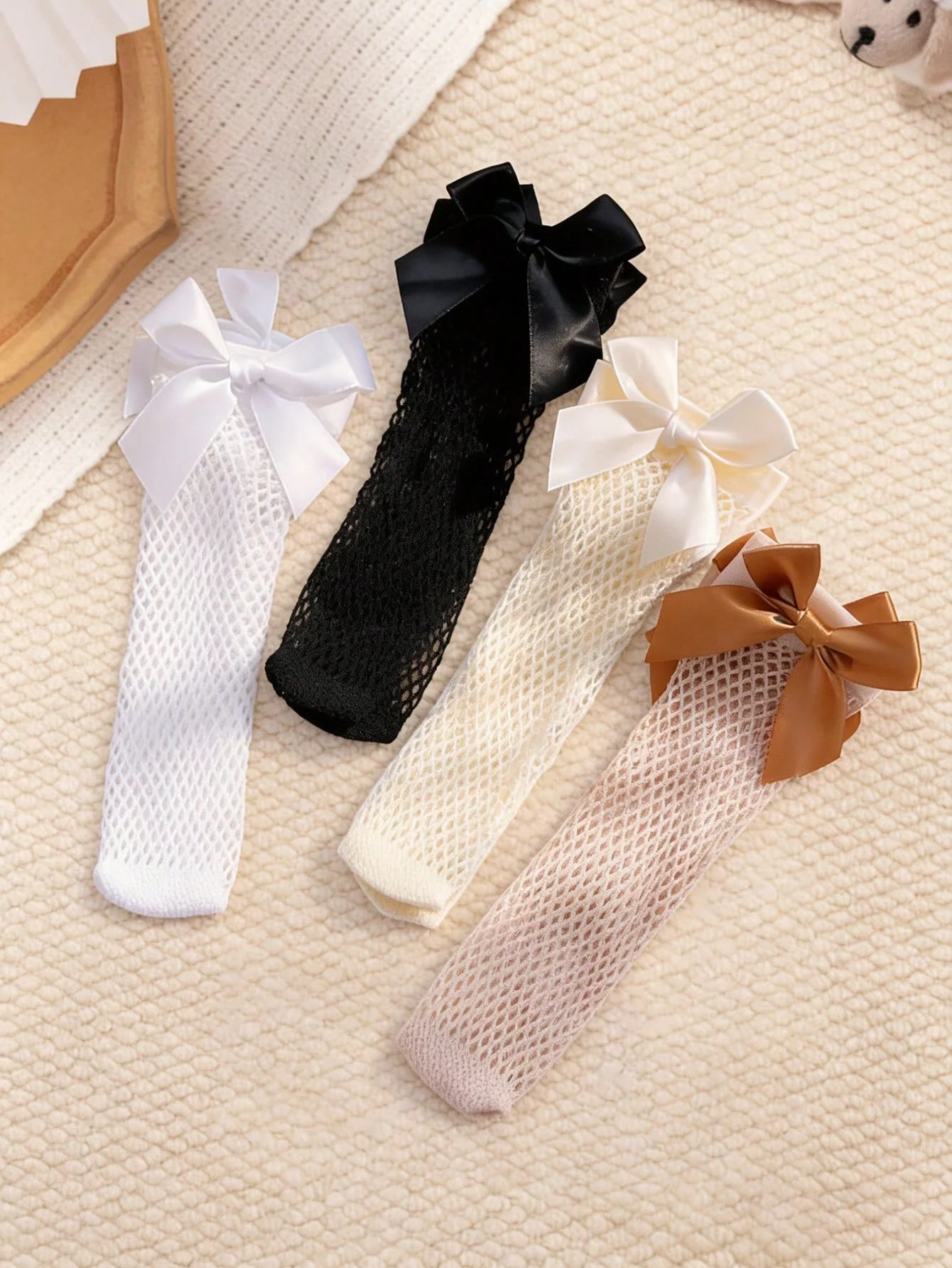 4 Pairs of Kid's Mesh Stockings with Butterfly Knot Decoration, Lightweight and Breathable Mid-Calf Socks for Girls Aged 1-6