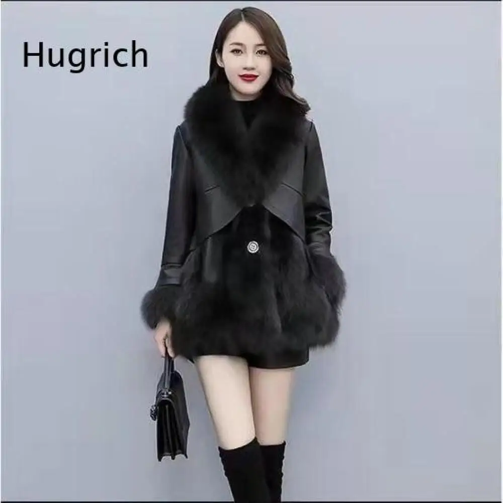 Mid Length Faux Fur Decorated Women Leather Jacket Long Sleeve Single Button Warm Coat for Autumn Winter Daily Outfit