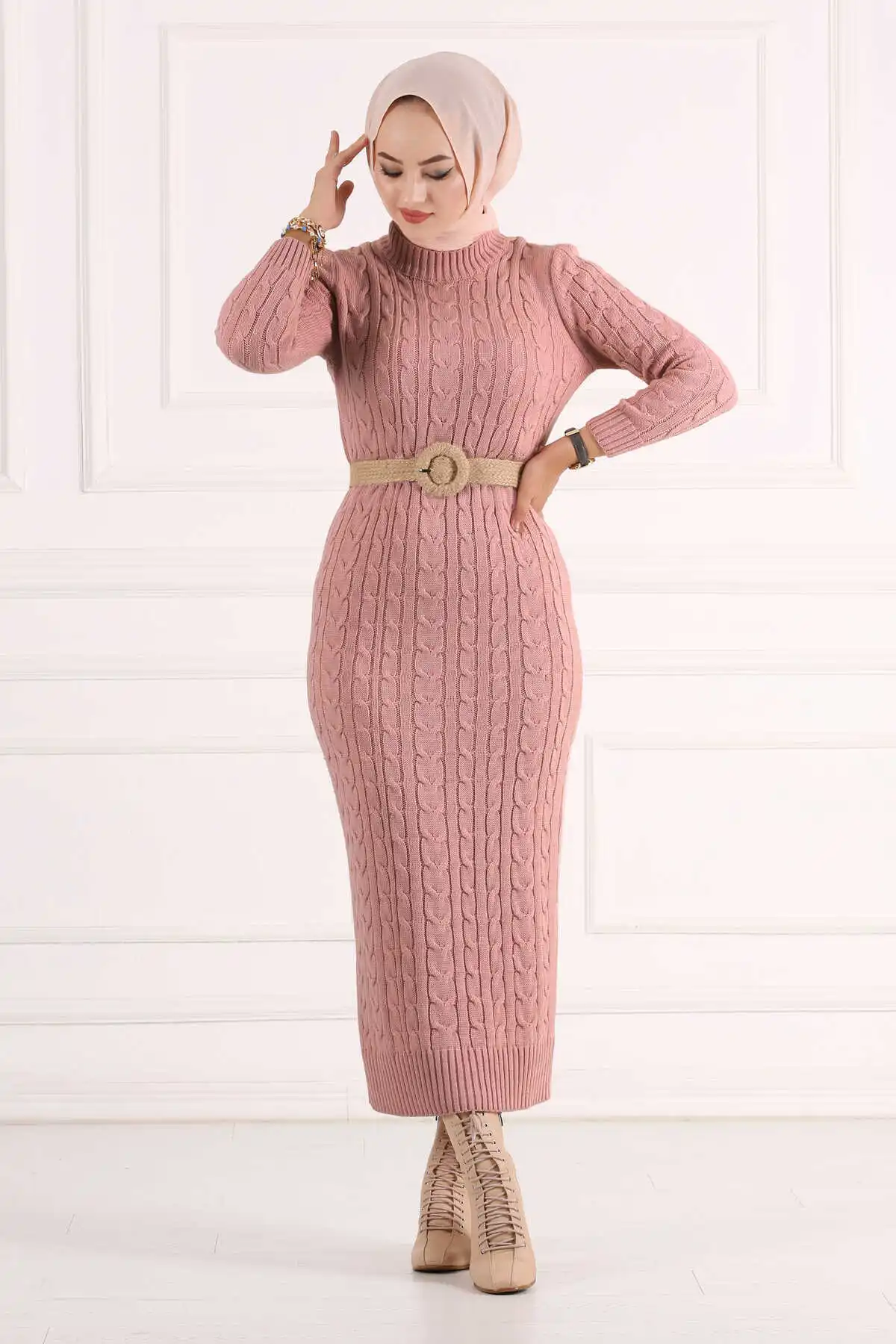 Mesh Knitwear Dress Dirty Pink Winter Autumn 2021 Muslim Women Hijab headscarf islamic Turkey