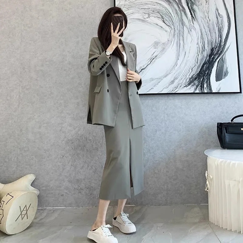 Spring and Autumn Solid Color Skirt Suit Female Long-sleeved Double-breasted Blazer & High Waist Open Pencil Skirt Female Suit