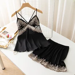 Female Satin Nightwear Two Pieces Camisole Sleep Set Lace Patchwork Strap Pajamas With Shorts Summer Home Clothes Thin Sleepwear